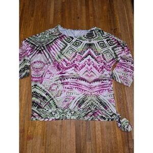 Chico's Women 2 Pink Green Geometric 3/4 Sleeve Scoop Neck Tie Pullover Tunic